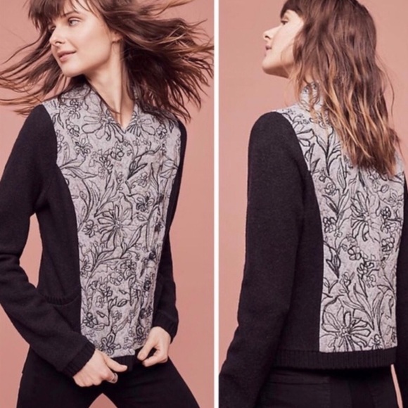 Anthropologie Sweaters - Anthropologie Knitted & Knotted Burke Bomber Cardigan Black Gray Floral Sz M